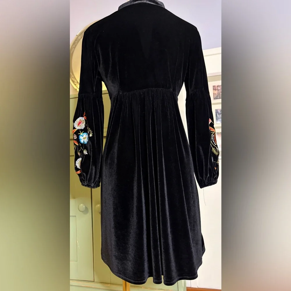 ASA Black Velvet Embroidered Floral Bohemian Style Dress - Picture 8 of 13